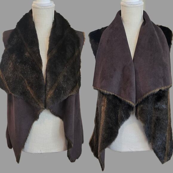 Bebe Brown Faux Fur Reversible Open Vest Women's Sz Small - Picture 1 of 9